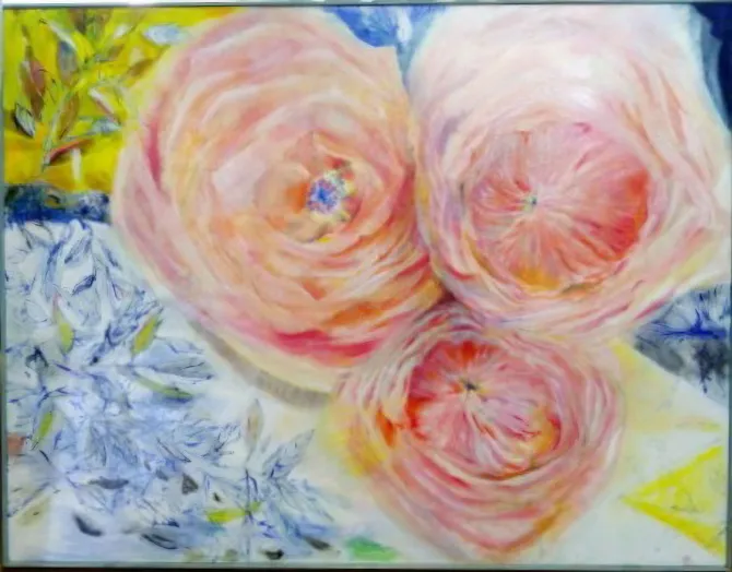 3輪のピンクのバラが描かれた水彩画