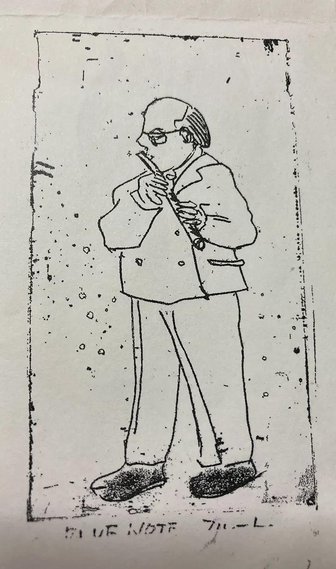 楽器を吹く男性の黒い線画の人物画