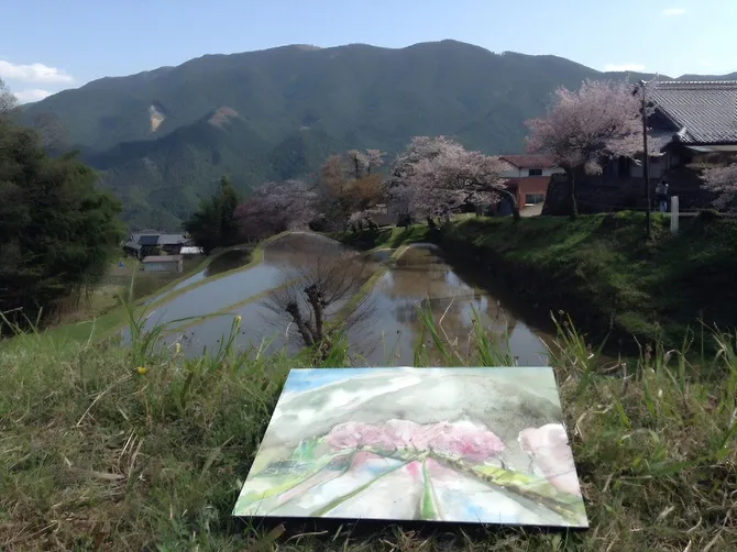桜と棚田を背景に、描いた桜の絵が手前に置かれた屋外での写真